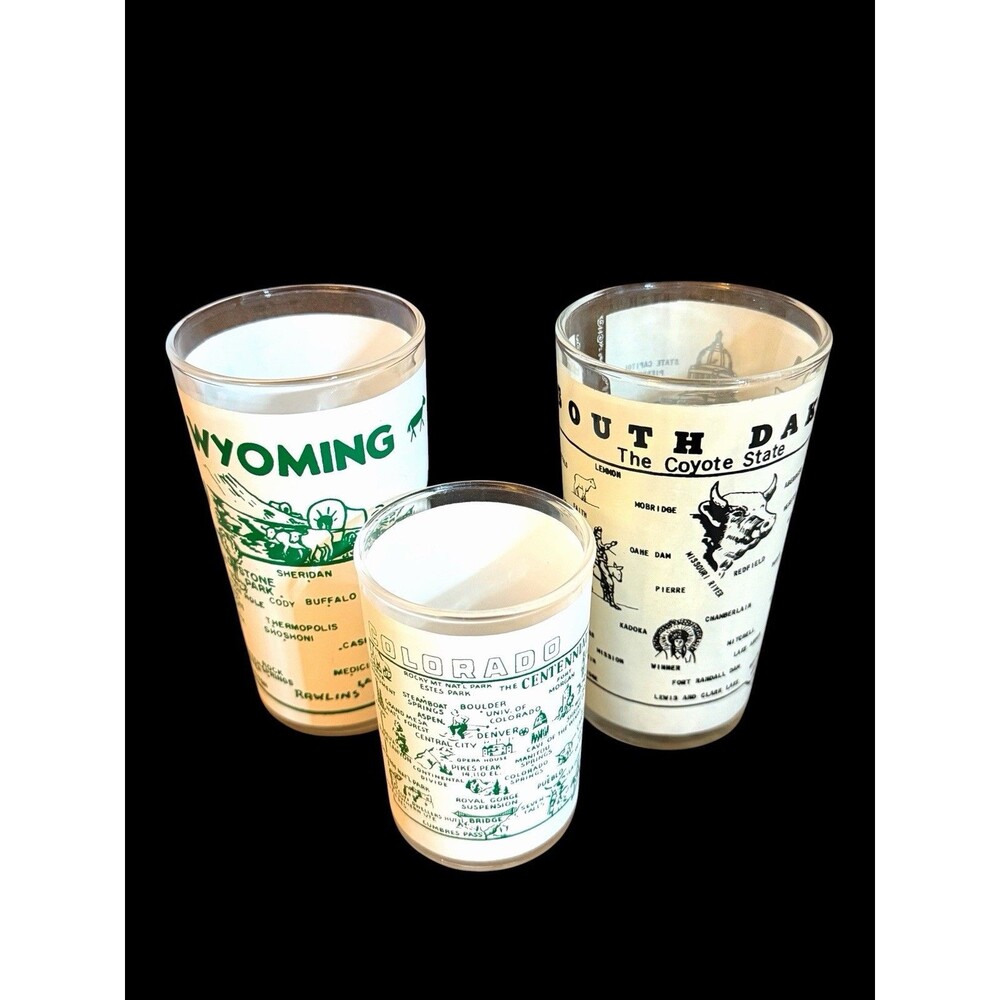 Lot of 3 Vtg Frosted Glass State Souvenir Tumblers Wyoming S. Dakota Colorado